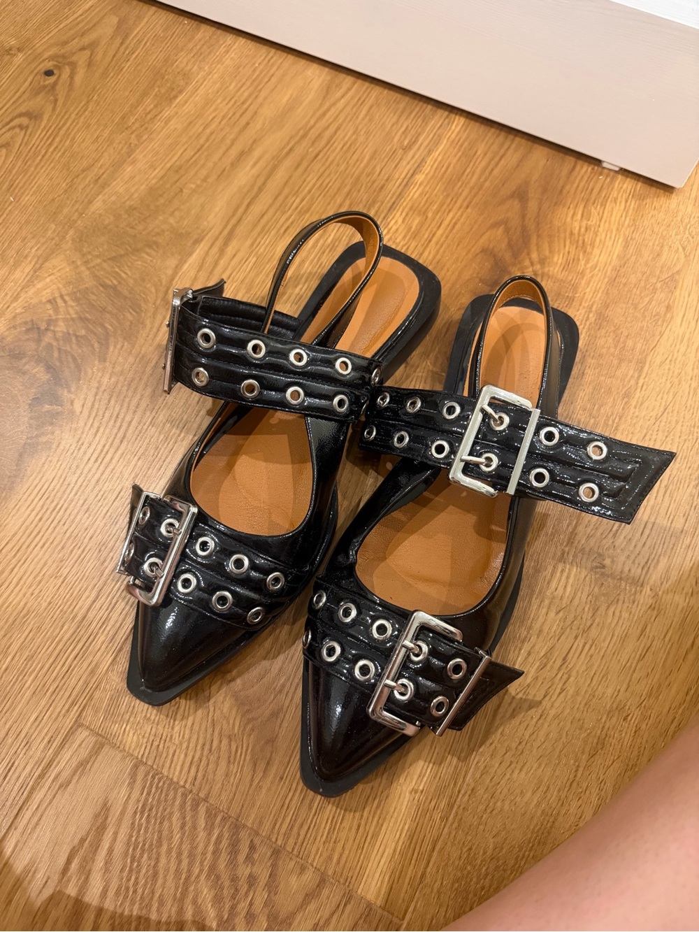 ASOS Black Patent Pointed Slingback Flats with Buckle & Grommet Straps